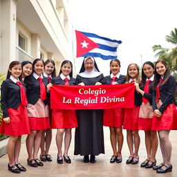A group of adolescent girls in stylish uniforms, featuring a bright red skirt, crisp white blouse, and a striking red tie, complete with elegant long stockings and shiny black shoes