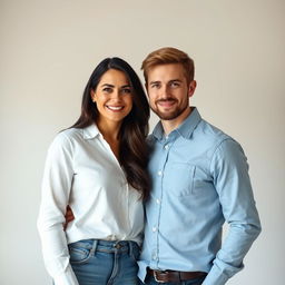 A realistic portrait of two people standing together side by side, showcasing their features and expressions clearly