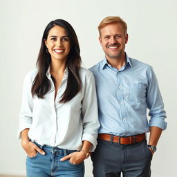 A realistic portrait of two people standing together side by side, showcasing their features and expressions clearly