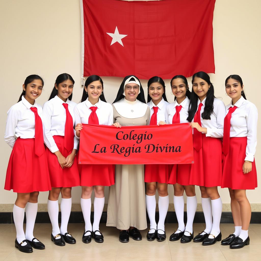 A group of adolescent girls in elegant uniforms, featuring a vibrant red skirt, crisp white blouse, and a striking red tie