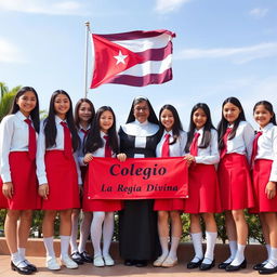 A group of adolescent girls in elegant uniforms, featuring a vibrant red skirt, crisp white blouse, and a striking red tie