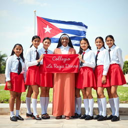 A group of adolescent girls in elegant uniforms, featuring a vibrant red skirt, crisp white blouse, and a striking red tie