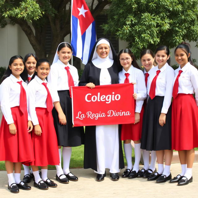 A group of adolescent girls in elegant uniforms, featuring a vibrant red skirt, crisp white blouse, and a striking red tie