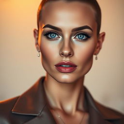 A stunning close-up portrait of an elegant woman with very little hair, showcasing her graceful facial features and striking makeup
