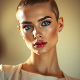 A stunning close-up portrait of an elegant woman with very little hair, showcasing her graceful facial features and striking makeup