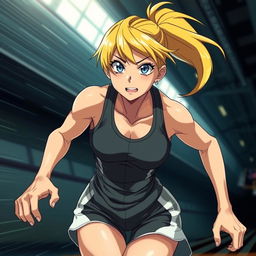 A dynamic scene featuring a sweaty anime girl athlete, exuding energy and determination