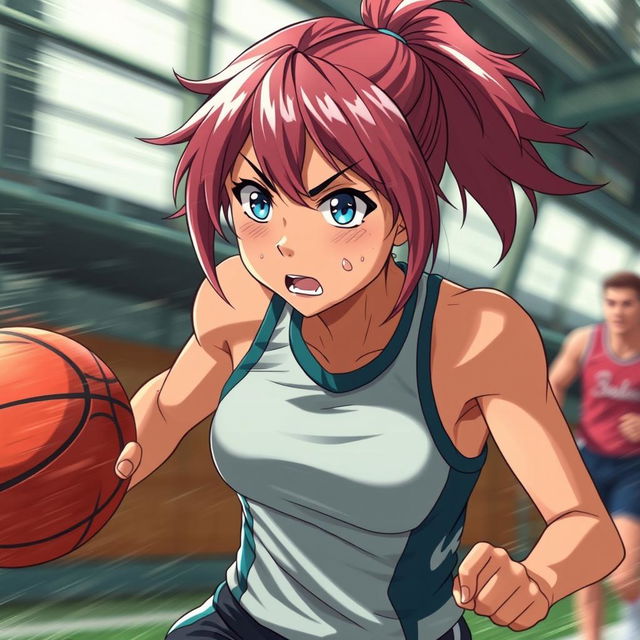 A dynamic scene featuring a sweaty anime girl athlete, exuding energy and determination