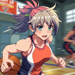 A dynamic scene featuring a sweaty anime girl athlete, exuding energy and determination
