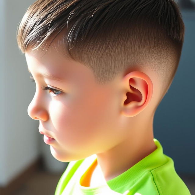 A close-up view of a stylish low fade haircut for a young boy