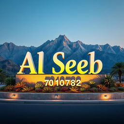 A visually striking 3D sign board displaying the name 'Al Seeb' in an elegant, bold font