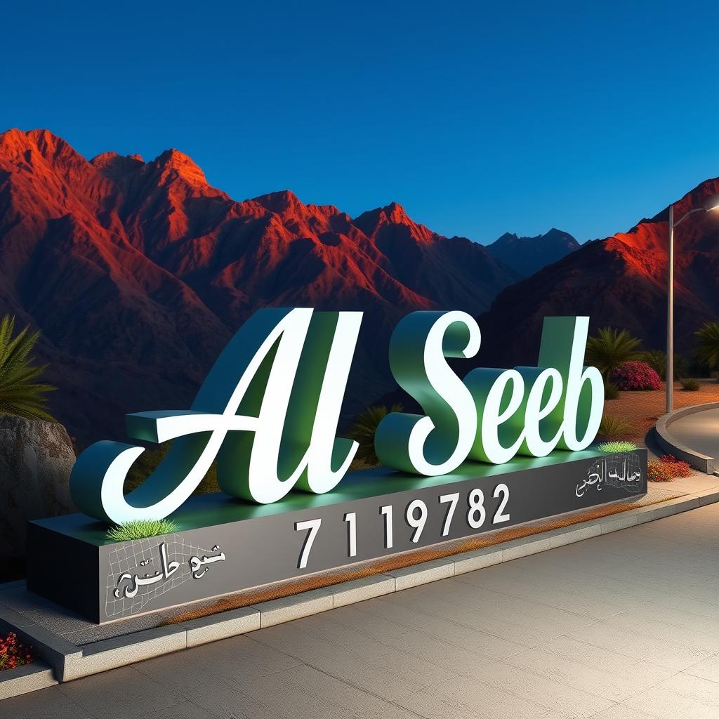 A visually striking 3D sign board displaying the name 'Al Seeb' in an elegant, bold font