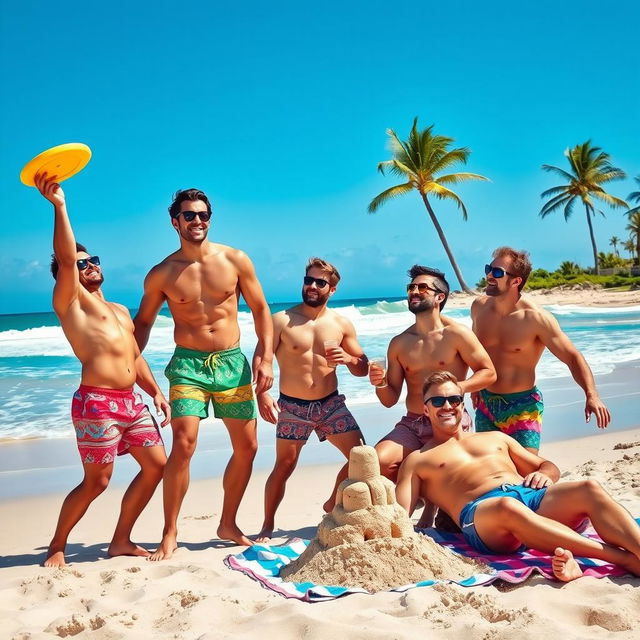 A vibrant beach scene featuring four muscular male friends enjoying a day under the sun