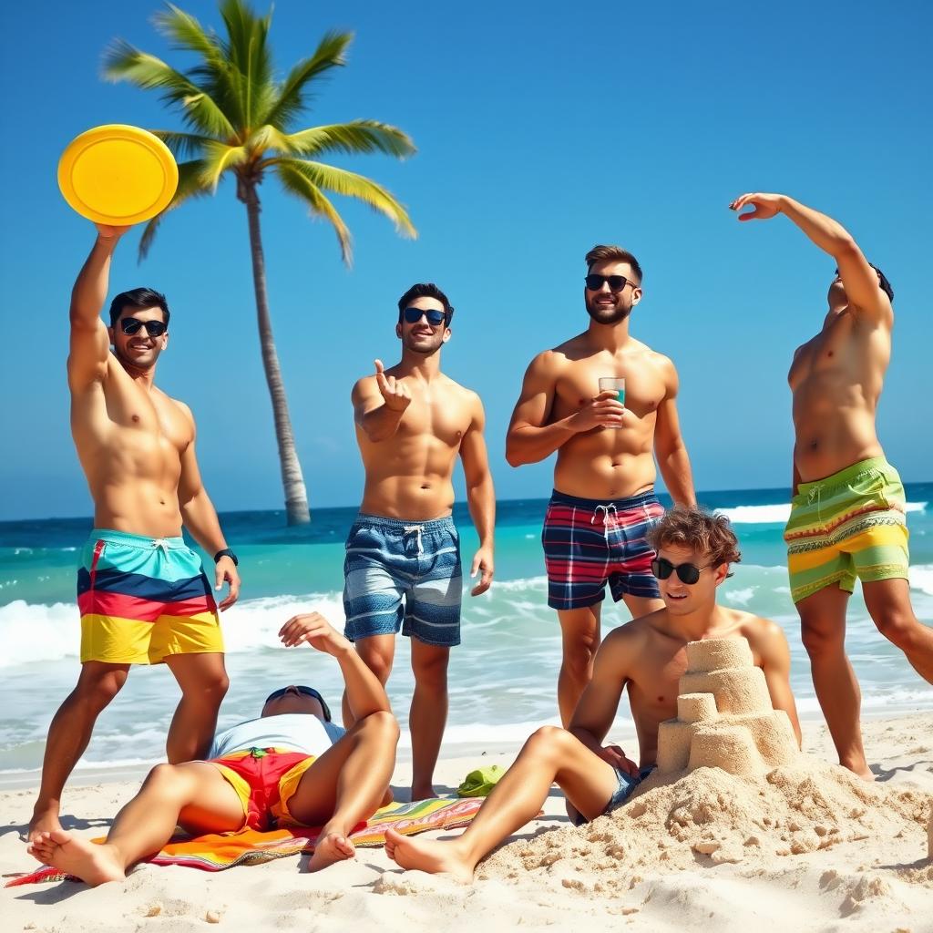 A vibrant beach scene featuring four muscular male friends enjoying a day under the sun