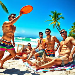 A vibrant beach scene featuring four muscular male friends enjoying a day under the sun