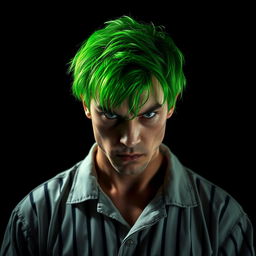 A prisoner with vibrant green hair, looking intense and rebellious, wearing a classic prison uniform