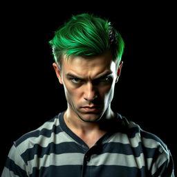 A prisoner with vibrant green hair, looking intense and rebellious, wearing a classic prison uniform