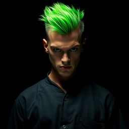 A prisoner with vibrant green hair, looking intense and rebellious, wearing a classic prison uniform