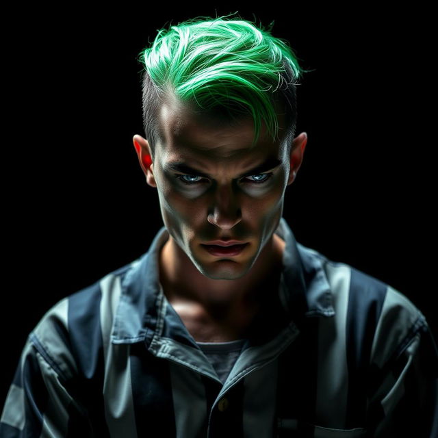 A prisoner with vibrant green hair, looking intense and rebellious, wearing a classic prison uniform