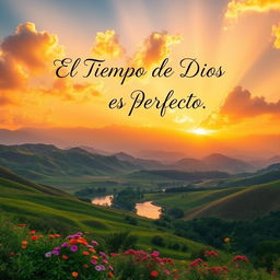 A serene and vibrant landscape at sunset, showcasing a beautiful natural scene with rolling hills and a calm river reflecting the colorful sky