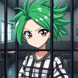 A stylized anime character in prison, featuring vibrant green hair, wearing a striped prison uniform