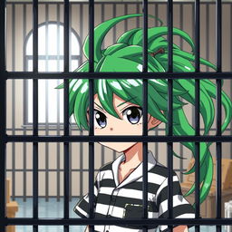 A stylized anime character in prison, featuring vibrant green hair, wearing a striped prison uniform