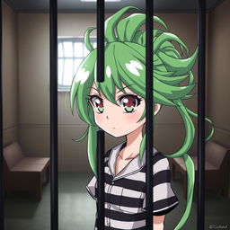 A stylized anime character in prison, featuring vibrant green hair, wearing a striped prison uniform