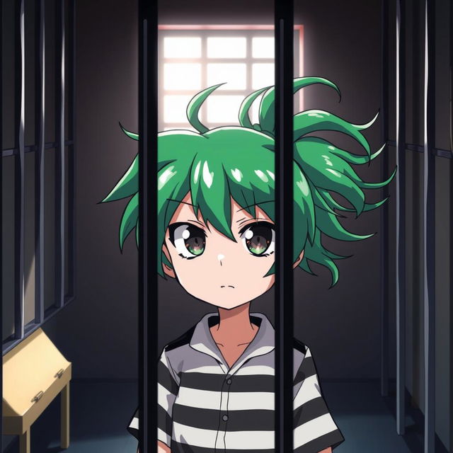 A stylized anime character in prison, featuring vibrant green hair, wearing a striped prison uniform