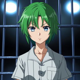 An anime character in prison, featuring vibrant green hair, wearing a classic prison jumpsuit