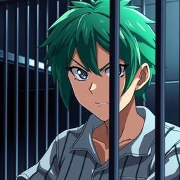 An anime character in prison, featuring vibrant green hair, wearing a classic prison jumpsuit