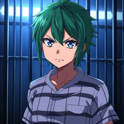 An anime character in prison, featuring vibrant green hair, wearing a classic prison jumpsuit