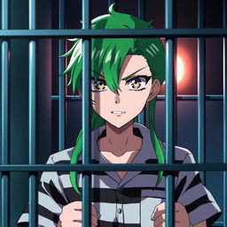 An anime character in prison, featuring vibrant green hair, wearing a classic prison jumpsuit