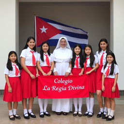 A group of adolescent girls in elegant uniforms, featuring a vibrant red skirt, short-sleeved crisp white blouse, and a striking red tie