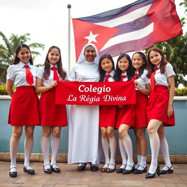 A group of adolescent girls in elegant uniforms, featuring a vibrant red skirt, short-sleeved crisp white blouse, and a striking red tie