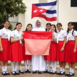 A group of adolescent girls in elegant uniforms, featuring a vibrant red skirt, short-sleeved crisp white blouse, and a striking red tie