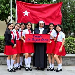 A group of adolescent girls in elegant uniforms, featuring a vibrant red skirt, short-sleeved crisp white blouse, and a striking red tie