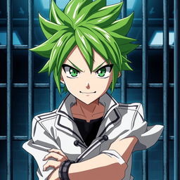 A striking anime character in a prison setting, featuring vibrant green hair styled in a spiky fashion