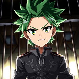 A striking anime character in a prison setting, featuring vibrant green hair styled in a spiky fashion