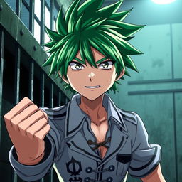 A striking anime character in a prison setting, featuring vibrant green hair styled in a spiky fashion