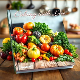 A visually appealing cookbook cover featuring an assortment of colorful fresh vegetables, fruits, and herbs beautifully arranged on a rustic wooden table
