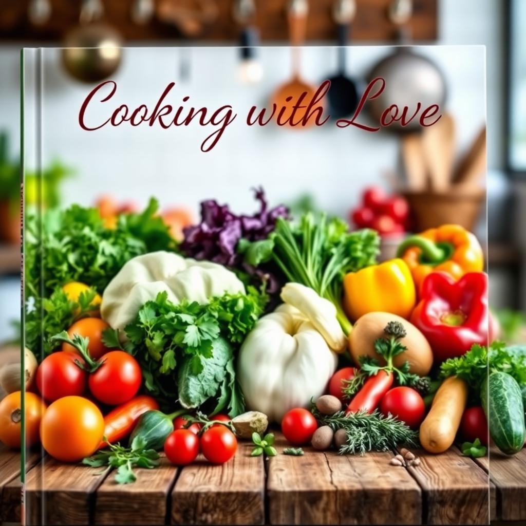 A visually appealing cookbook cover featuring an assortment of colorful fresh vegetables, fruits, and herbs beautifully arranged on a rustic wooden table