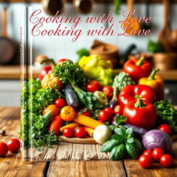 A visually appealing cookbook cover featuring an assortment of colorful fresh vegetables, fruits, and herbs beautifully arranged on a rustic wooden table