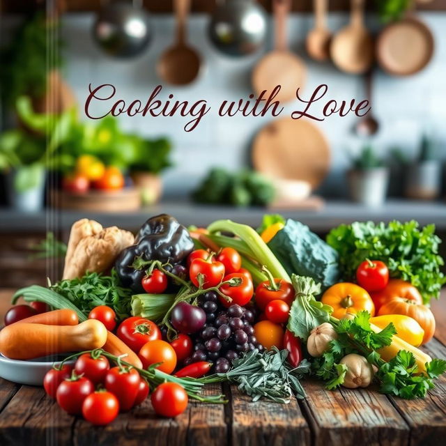 A visually appealing cookbook cover featuring an assortment of colorful fresh vegetables, fruits, and herbs beautifully arranged on a rustic wooden table