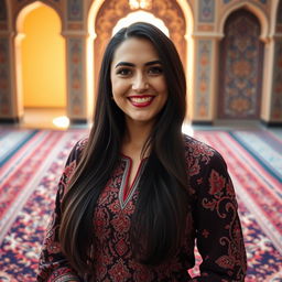 A portrait of Sahar Emami, a confident and stylish Iranian woman in her thirties, with long flowing black hair and bright expressive eyes, wearing a beautifully embroidered traditional Persian dress adorned with intricate patterns