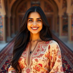 A portrait of Sahar Emami, a confident and stylish Iranian woman in her thirties, with long flowing black hair and bright expressive eyes, wearing a beautifully embroidered traditional Persian dress adorned with intricate patterns