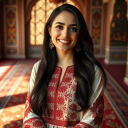 A portrait of Sahar Emami, a confident and stylish Iranian woman in her thirties, with long flowing black hair and bright expressive eyes, wearing a beautifully embroidered traditional Persian dress adorned with intricate patterns