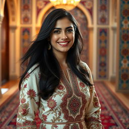 A portrait of Sahar Emami, a confident and stylish Iranian woman in her thirties, with long flowing black hair and bright expressive eyes, wearing a beautifully embroidered traditional Persian dress adorned with intricate patterns