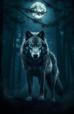 A majestic wolf stands alone in a dark, mysterious forest