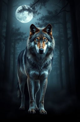 A majestic wolf stands alone in a dark, mysterious forest