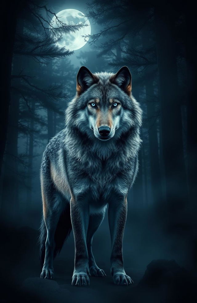 A majestic wolf stands alone in a dark, mysterious forest