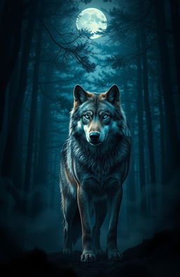 A majestic wolf stands alone in a dark, mysterious forest